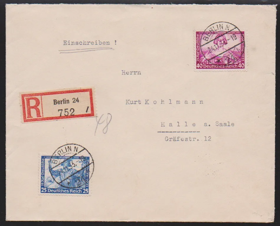 25 et 40 Pfg. Wagner sur lettre recommandée propre de Berlin 1933 à Halle, Mi. loose 220,-