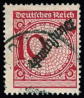 10 Pfg. Korbdeckel with both shifted value numeral and inverted overprint, lightly cancelled, Mi. 600,-