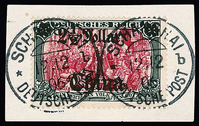 2 1/2 Dollar, flawless letter piece with two particularly well-applied cancellations "Schanghai "b" 12/12 06", signed Richter, Steuer. Mi. 380,- +