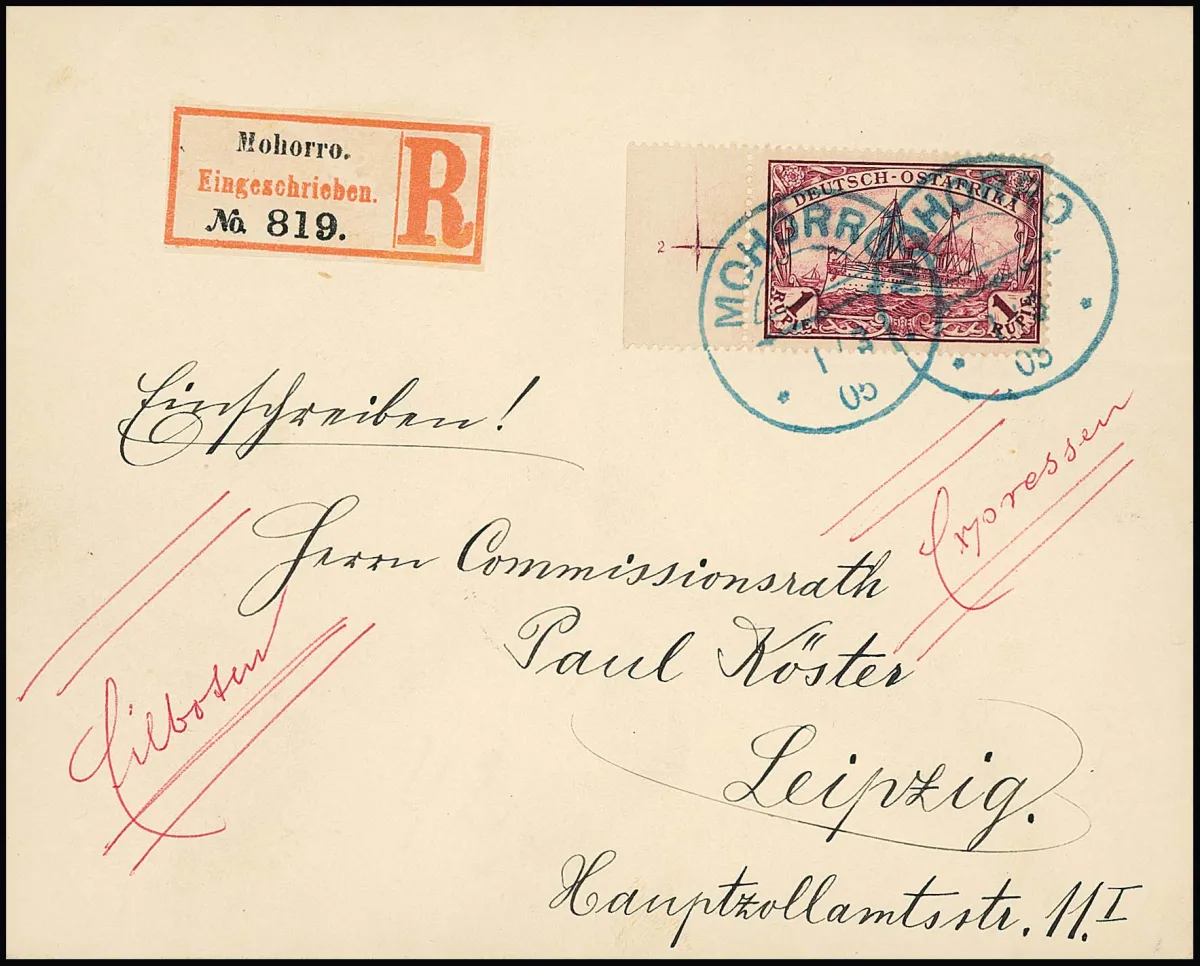 1 Rp. du bord gauche de feuille avec croix de repère et n° de plaque "2" (rare) sur lettre recommandée 1905 avec cachet bleu net "Mohorro"