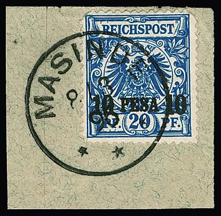 "Masinde", seltener K1 vom 8.3.96 klar auf Briefstück 10 P. a. 20 Pfg. (Zahnfehler)
