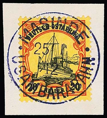 "Masindi Usambarabahn", paarse K1 van 25.1.1912 als vriendelijkheidsafstempeling op twee briefstukken 2 1/2 en 20 H.