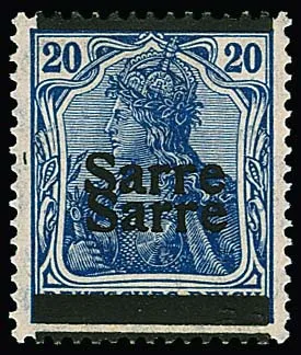 20 Pfg. "Sarre", variëteit "dubbele opdruk", onberispelijk ongebruikt. Gesigneerd Dub en certificaat Haslau (2025). Mi. 750,-