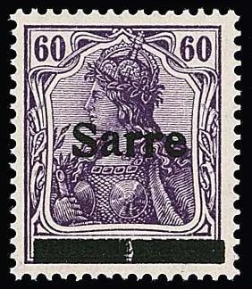 60 Pfg. roodviolet, opdruk "Sarre" type I met fout "A" (balk in het midden gedeeld) puntgaaf postfris. Gesigneerd Dub en certificaatkopie Haslau (2025 voor door ons verdeeld blok van vier). Mi. 1300,-