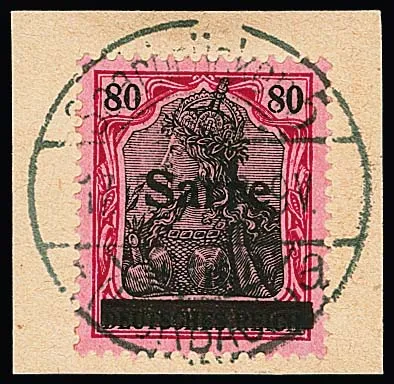 80 Pfg. Germania-Sarre, type I, sur fragment de lettre parfait, sign. Dub et photo-expertise Bernhard. Mi. 360,-