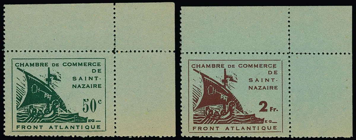 St. Nazaire, Chambre de commerce 1945, série impeccable de la 2e édition uniformément en coins de feuille supérieurs droits non oblitérés comme émis, certificat Pieles. Mi. 600,- +