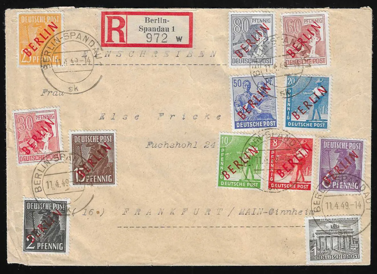 2 à 80 Pfg. surcharge rouge complète, avec 1 Pfg. Bâtiments, sur lettre R de Berlin-Spandau, 11.4.49, pour Francfort