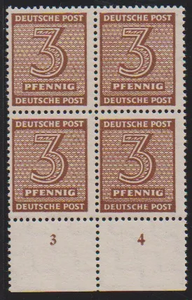 3 Pfg. orange-brown and 4 Pfg. blue-grey each in mint never hinged block of four, signed Ströh. Mi. 280,-