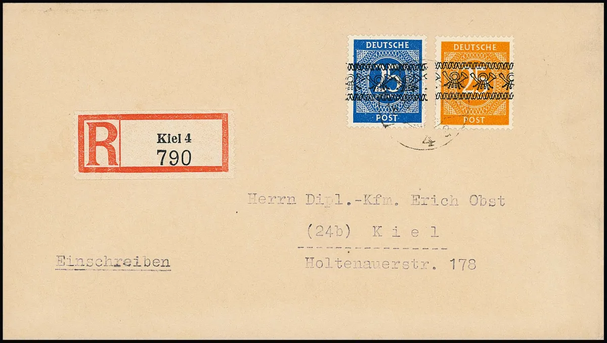 25 Pfg. bleu, fausse surcharge au détriment de la poste, avec timbre authentique 25 Pfg. jaune-orange, sur lettre recommandée locale de Kiel affranchie selon le tarif, rare. Attestation photo Schlegel