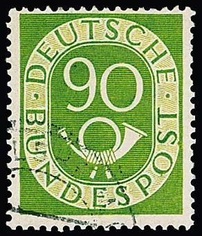 90 Pfg. Posthorn, Plattenfehler "diagonaler Strich durch Posthornkordel" gestempelt, Mi. 900,-