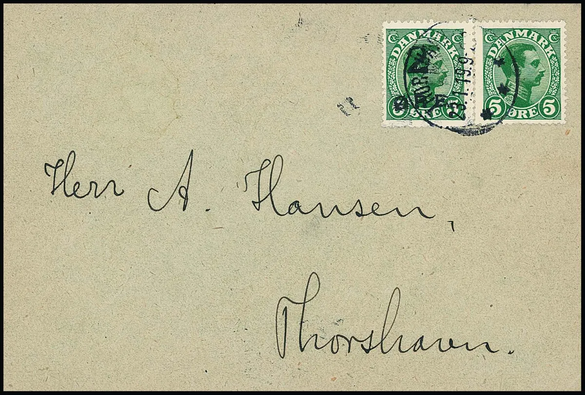 Färöer, émission provisoire 2 Ö. sur 5 Ö. avec Danemark 5 Ö. (n° 67), sur enveloppe locale de Thorshavn. Mi. 650,-