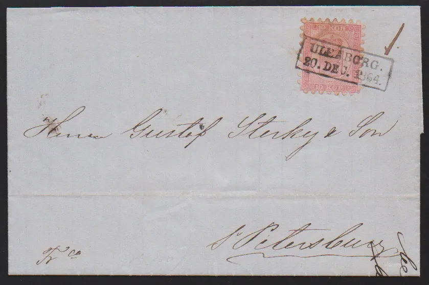 20 P. blau auf graublauem Papier in guter Zungen-Qualität (oben kl. Spalt) auf Brief aus Abo (Marke hs. entwertet), dazu Brief 10 Kop. rosa 1864 mit Ra2…