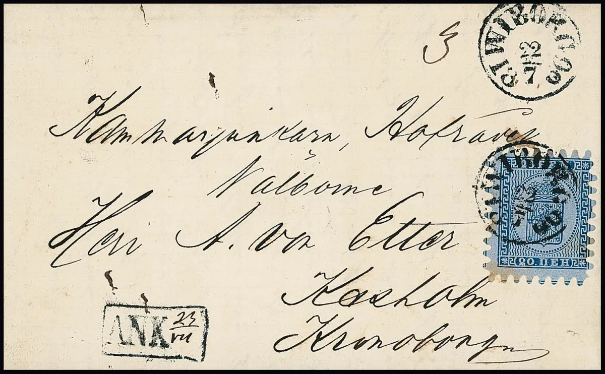 20 P. blauw/blauwachtig, tanding B, meestal volledig, slechts enkele tanden verkort, op origineel bewaarde kleine brief met K1 "Wiborg" 1866 naar Kexholm, foto-expertise Schwenson