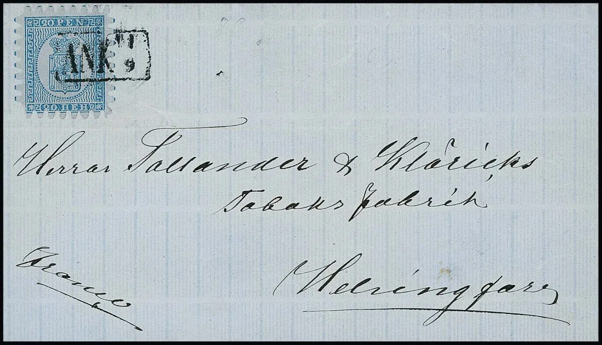 20 P. blue/bluish, perforation C in very good condition (only one corner min. "round") on clean letter from Tavastenus 1870 cancelled by Ra1 "ANK", photo exp. Schwenson