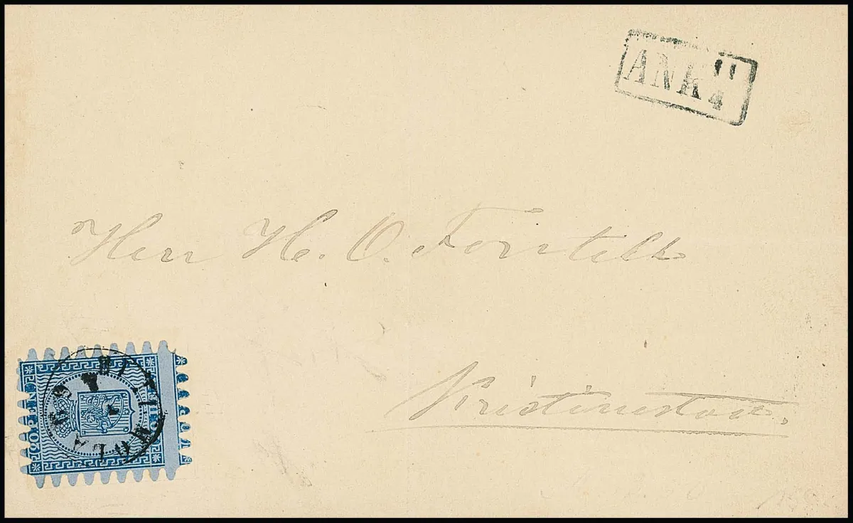 20 P. bleu/bleuâtre, perforation C en très bon état, sur lettre gef. avec petit K1 "Timola" 1869 pour Kristianstad