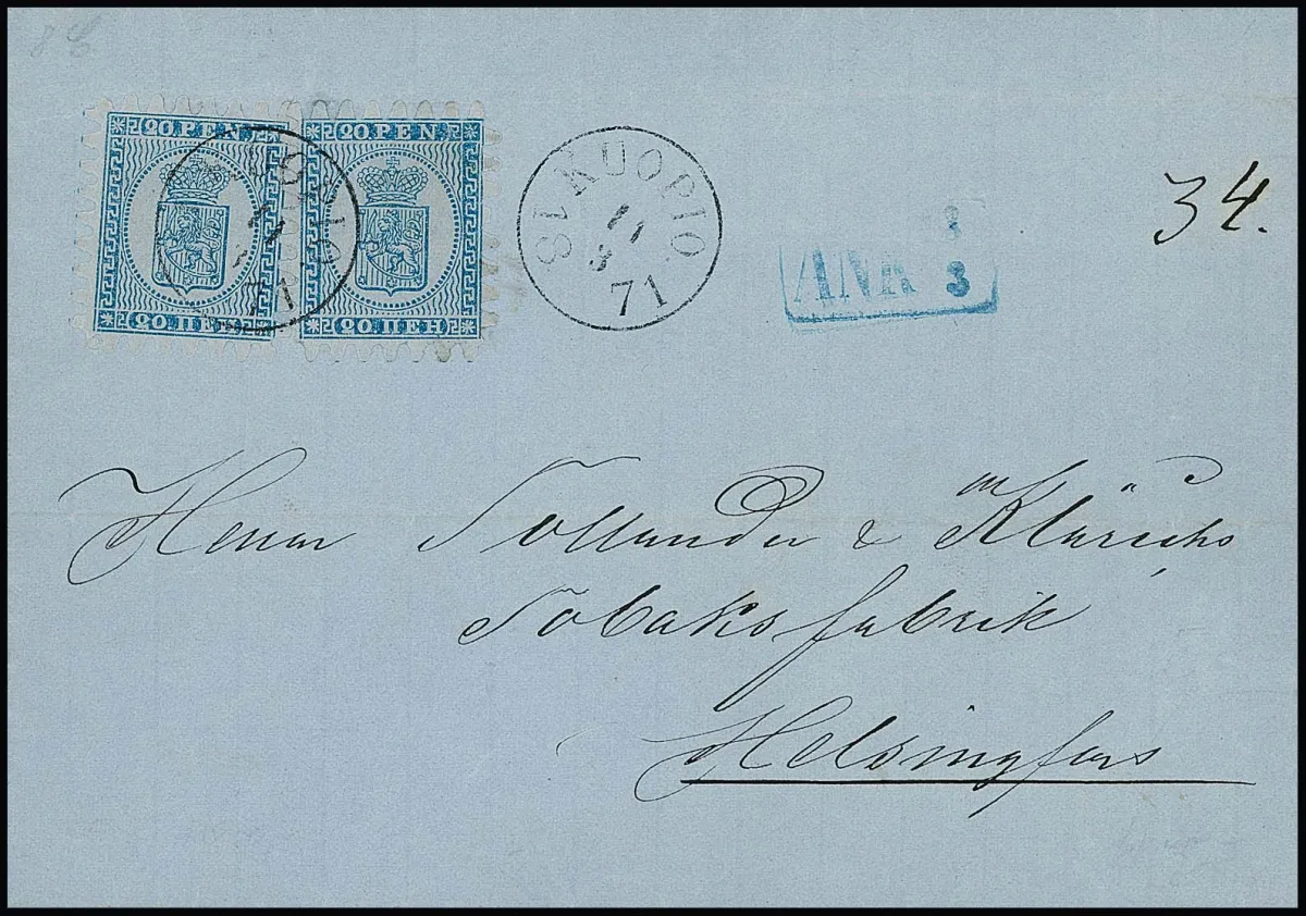 20 P. blau auf graublau, Durchstich C in teils hervorragendem Zustand (linke Marke, rechte nur eine halbe Zunge verkürzt), per zwei auf Faltbrief mit K1…