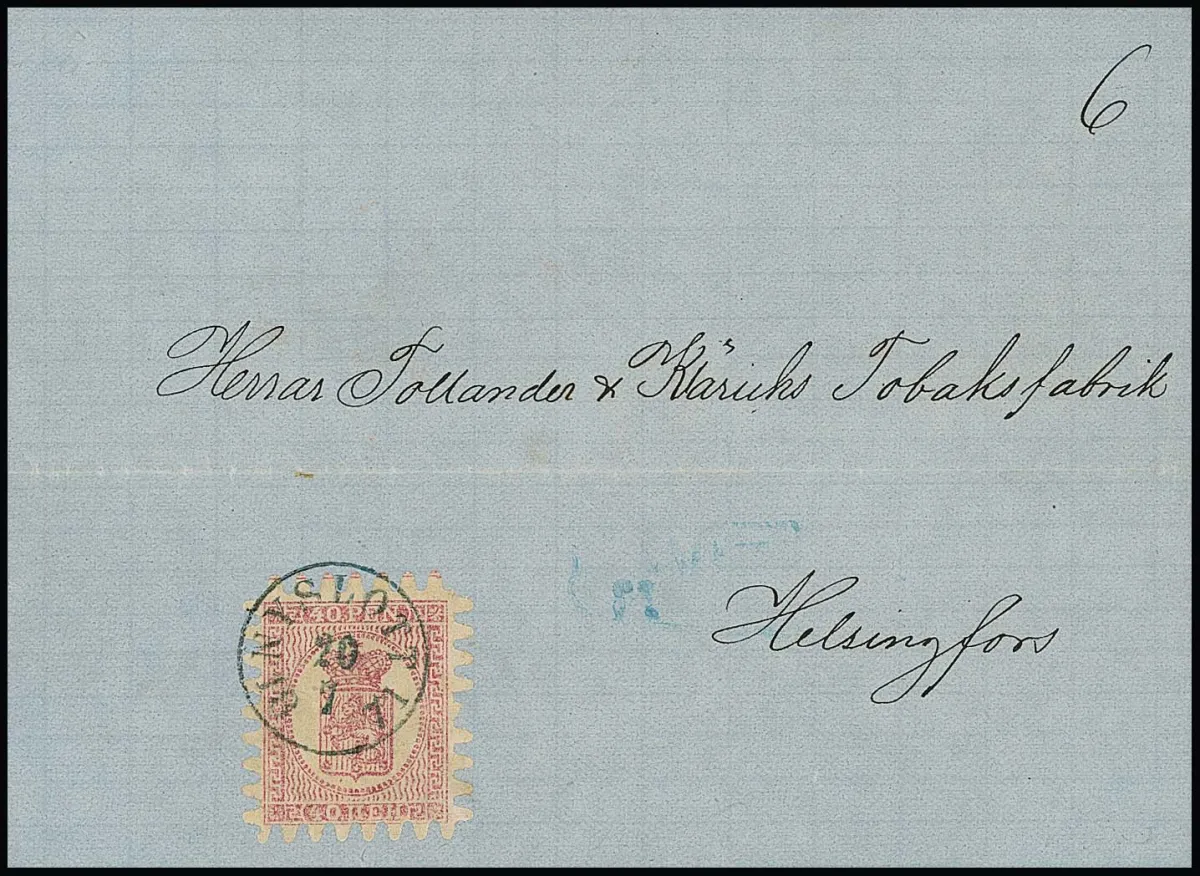 40 P. carmine rose, perforation C almost perfect (only one tooth slightly shortened) on nicely cancelled letter with small K1 "Nyslott" 1871 to Helsingfors.