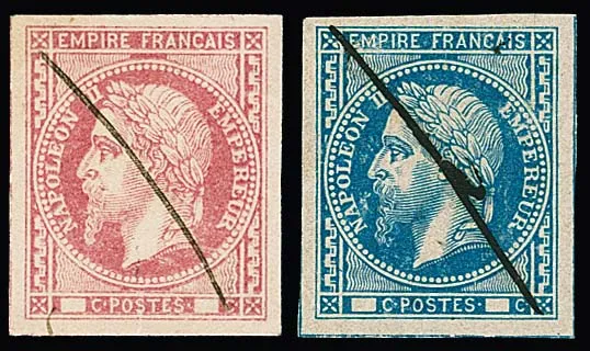 1867, Napoleon III, blue and red, two cut essays without denomination with cancellation lines, for an unissued stamp series