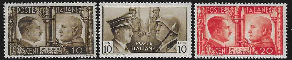 Hitler-Mussolini kompletny w tym trzy przygotowane, ale niewydane wartości 10, 20 i 25 C. stan idealny, Mi. bez ceny