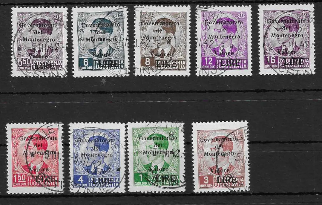 Occupation italienne du Monténégro pendant la Seconde Guerre mondiale, 1941, timbres-poste de Yougoslavie avec surcharge noire sur cinq lignes "Governerato del Montenegro…