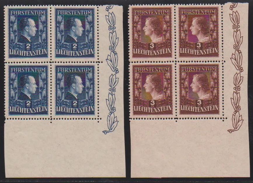 Prince and Princess in mint never hinged blocks of four from the lower right sheet corner, hinge only in margin. Mi. 720,-