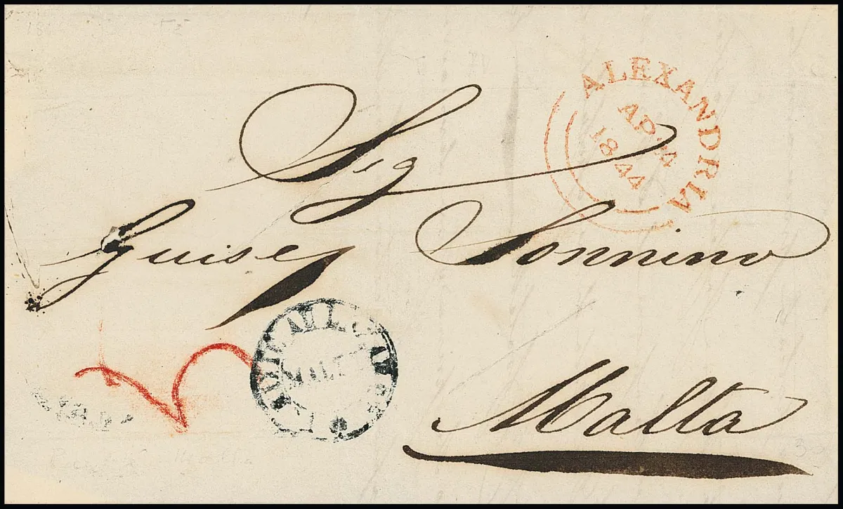 1844, lettre d'Alexandrie (K2 rouge), Égypte, avec cachet de désinfection K2 "Purifié au Lazaret Malte" vers Malte