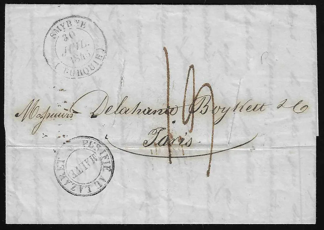1845, dopis ze Smyrny (K2) z Levanty s jasným dezinfekčním K2 "Purifié au Lazaret Malte" do Paříže, s Rastel dezinfekcí