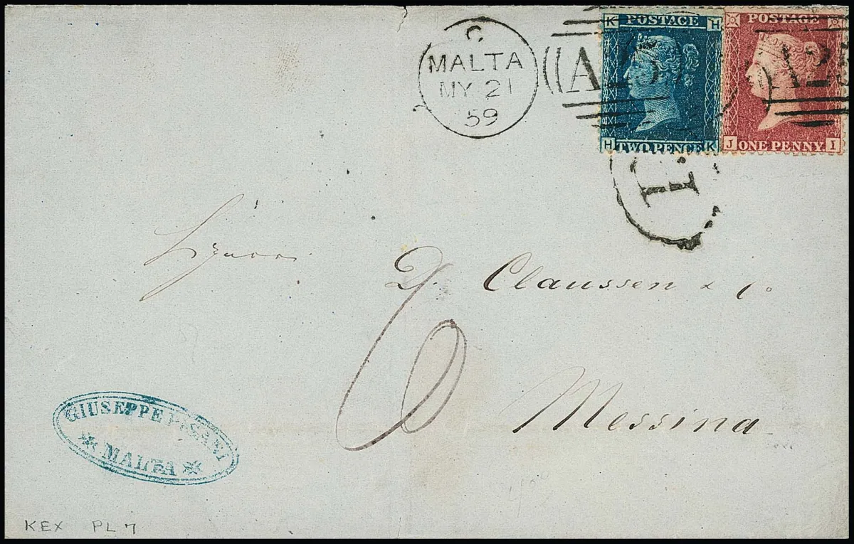 Předchůdce Anglie 1 P. růžová a 2 P. modrá na nádherném dopise s duplexním razítkem Malty 1859 do Messiny