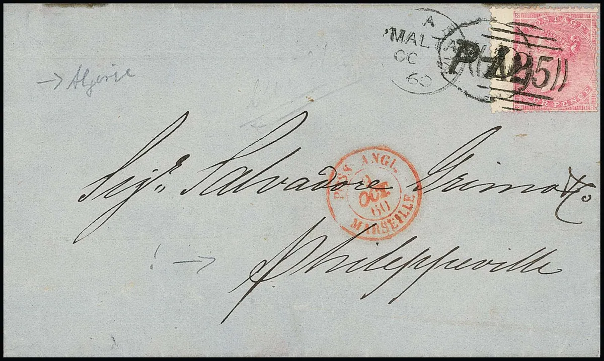 Poprzednik Anglia 4 P. różowo-liliowy, szeroki margines, na wspaniałym liście z Malty (duplex) do Philippville/Algieria