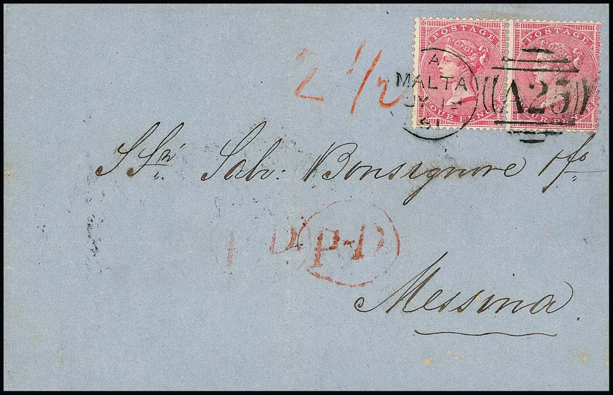 Precursor England 4 P. rose-lilac in pair on magnificent letter with duplex cancel of Malta 1861 to Messina