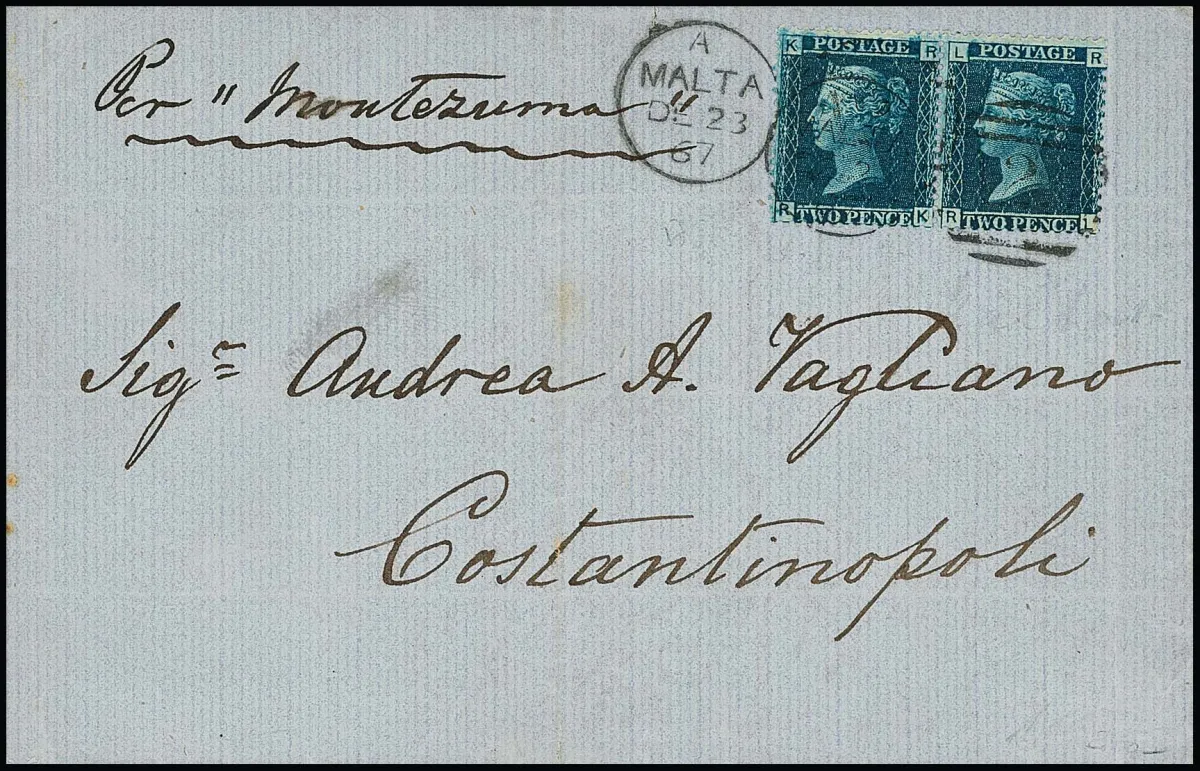 Předchůdce Anglie 2 P. modrá v páru na nádherném dopise z Malty 1867 do Konstantinopole