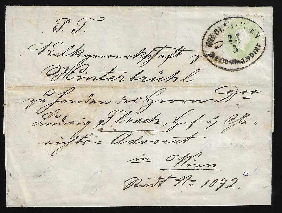 3 Kr. green on front, typically separated 5 Kr. pink on back, on centrally folded local registered letter from Vienna (oval cancel "Wieden in Wien Recommandirt") 1863