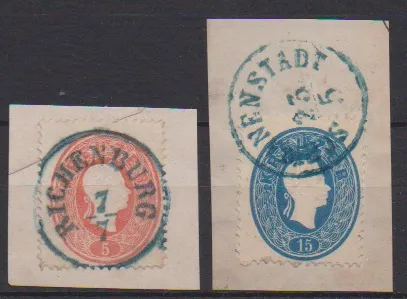 5 Kr. růžová ("Richenberg") a 15 Kr. modrá ("Schwanenstadt") každá s jasným modrým K1