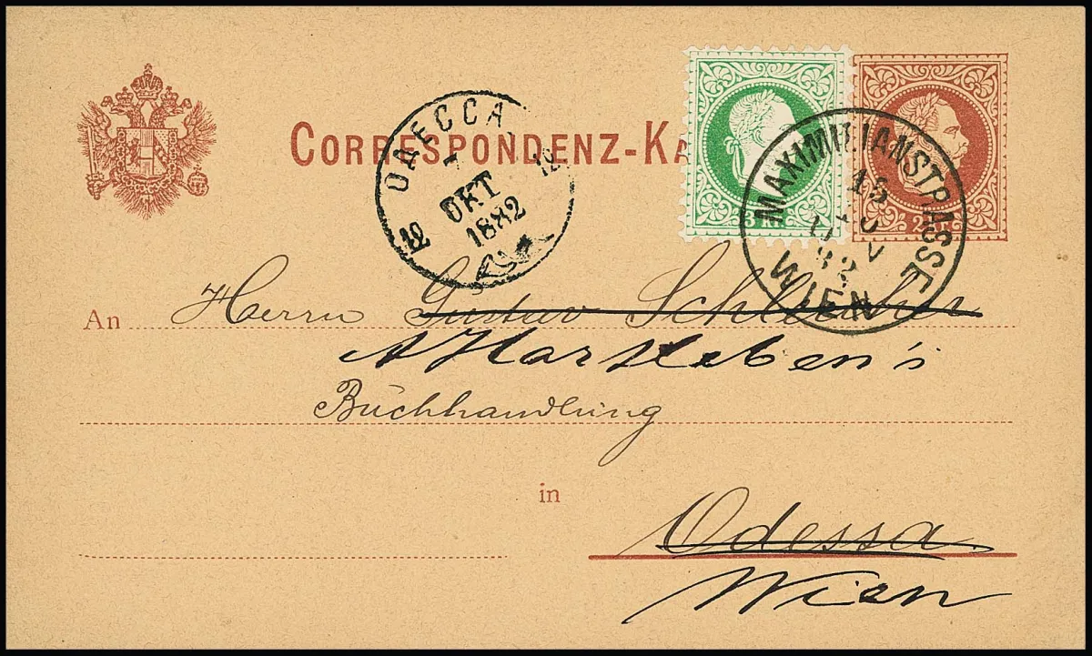 3 Kr. geelgroen, prachtexemplaar op postwaardestuk 2 Kr. roodbruin, met K1 "Wien Maximilianstrasse" 1882 als drukwerkkaart naar Odessa/Rusland en vandaar terug naar Wenen