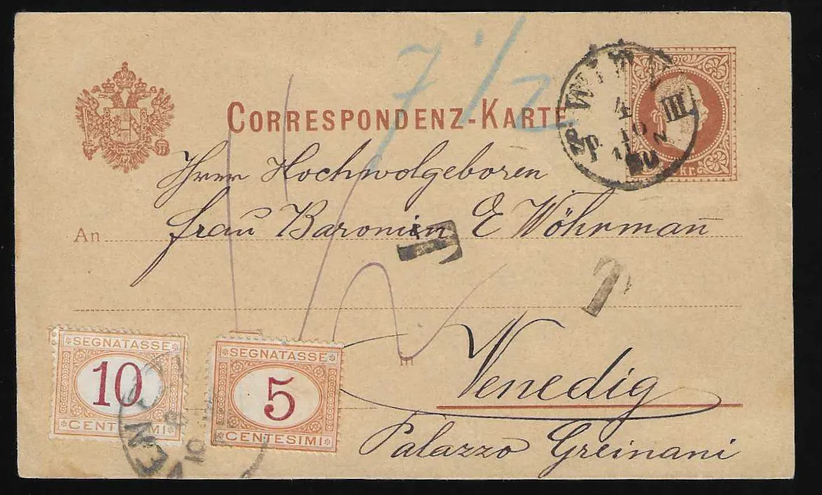 Postal stationery card 2 Kr. Franz Joseph from Vienna 1880 to Venice with additional franking of Italian postage due stamps 5 (small defect) and 10 C., as printed matter card with text, therefore not recognized