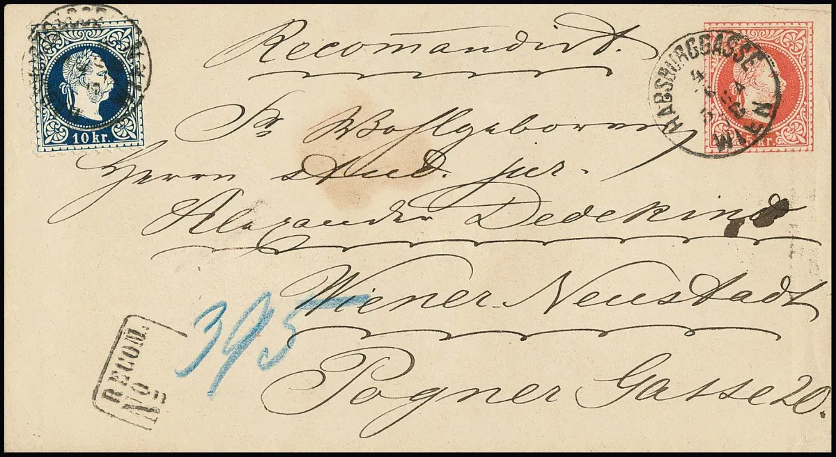 10 Kr. bleu, pièce de choix sur entier 5 Kr. rouge (trace de cachet typique), avec K1 "Wien Habsburggasse" circulé comme lettre locale recommandée