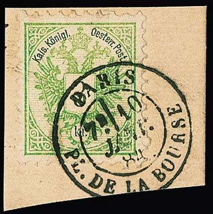 3 Kr. noir/vert jaune sur fragment de lettre avec oblitération étrangère par K2 "Paris Pl. de la Bourse" 1884