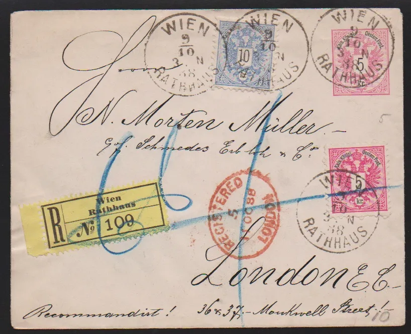 5 Kr. noir/rose et 10 Kr. noir/bleu sur entier postal 5 Kr., de Vienne 1888 recommandé pour Londres