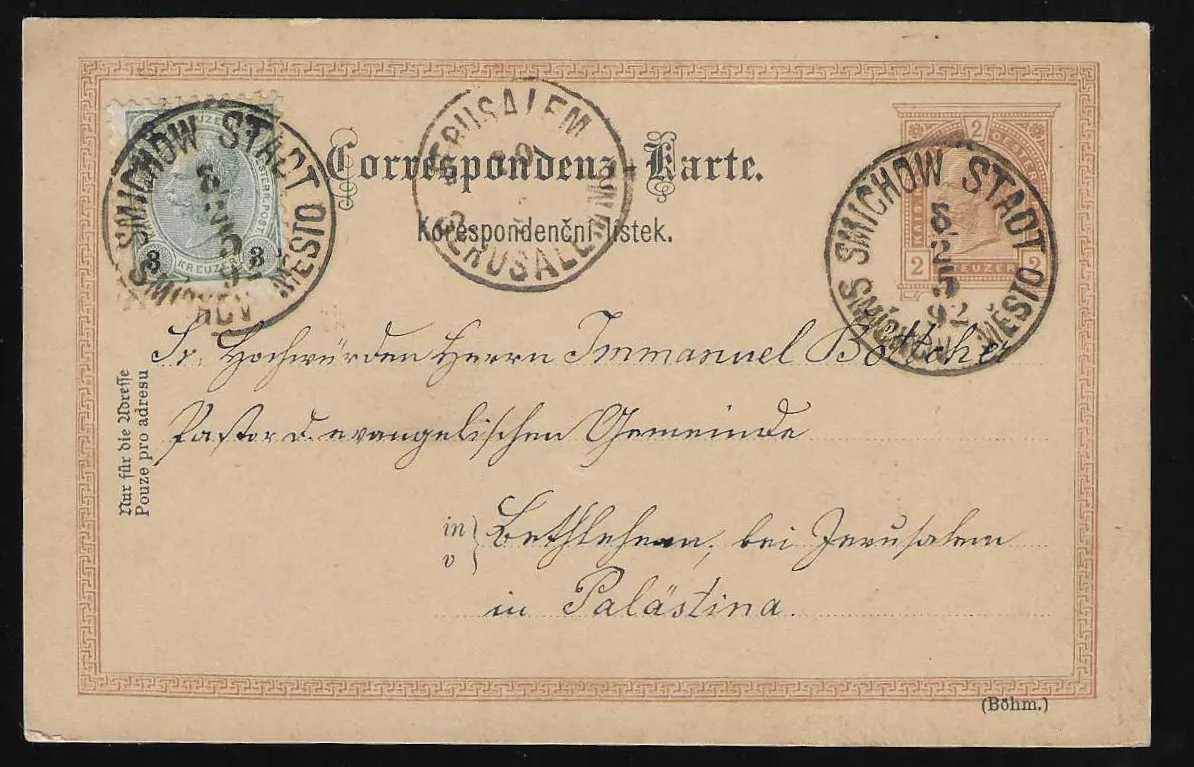 3 Kr. sur carte entière 2 Kr., de Smichow Stadt (K1) 1890 à un pasteur à Bethléem/Palestine