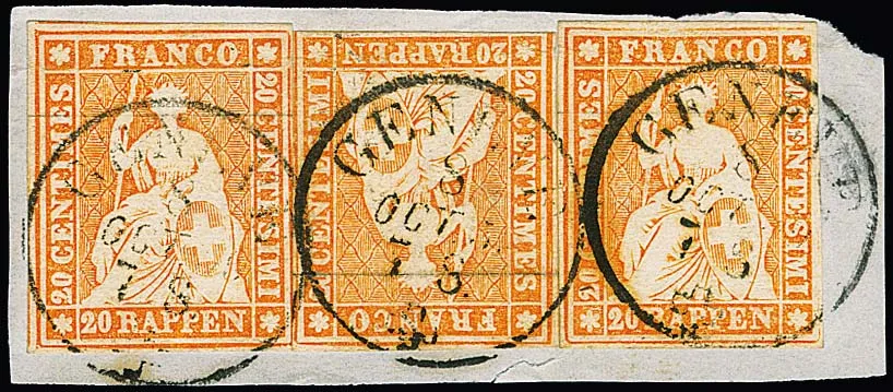 20 Rp. orange per drei auf Prachtbriefstück mit K1 von Genf