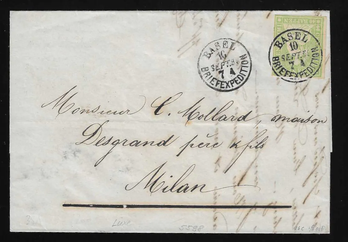 40 Rp. green, left marginal piece, full margins all round, on cabinet letter from Basel 1859 to Milan, signed v.d. Weid