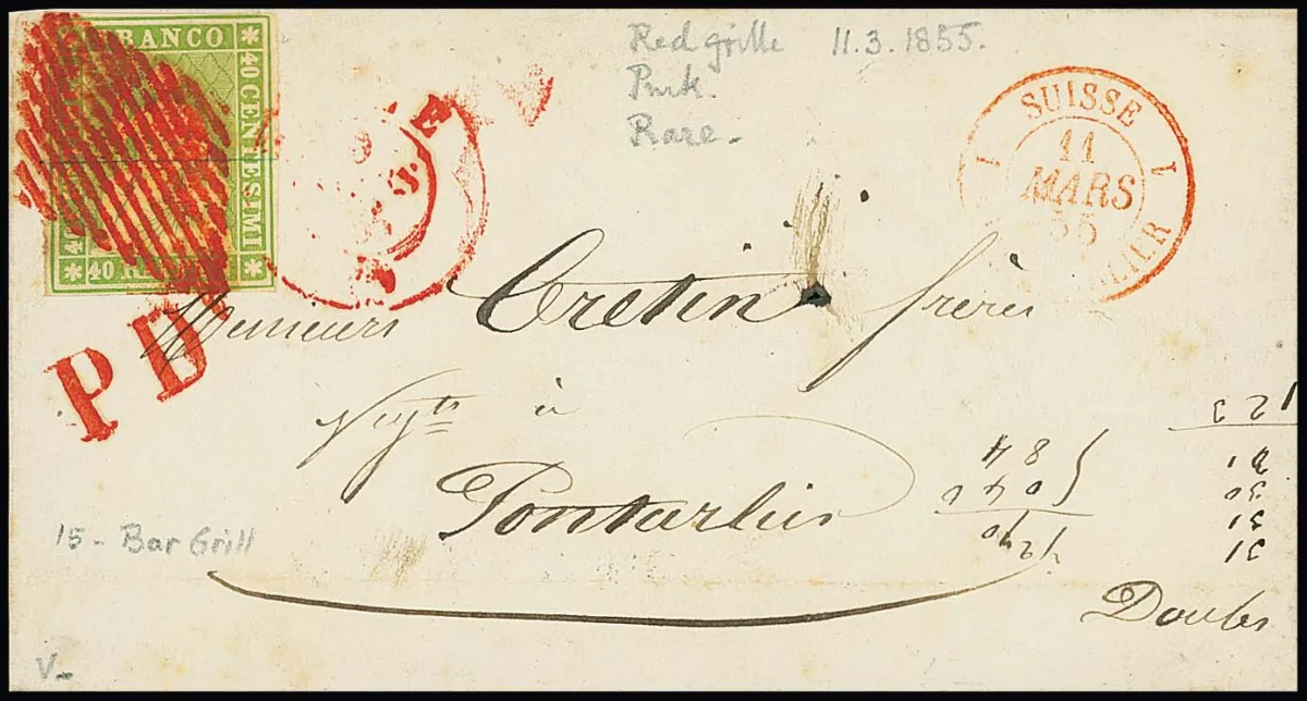 40 Rp. gelbgrün, Münchener Druck, auf Briefvs. 1855 mit sowohl roter Raute, als auch roten Neben-K2 und "P.D.", nach Pontalier, ex Gray