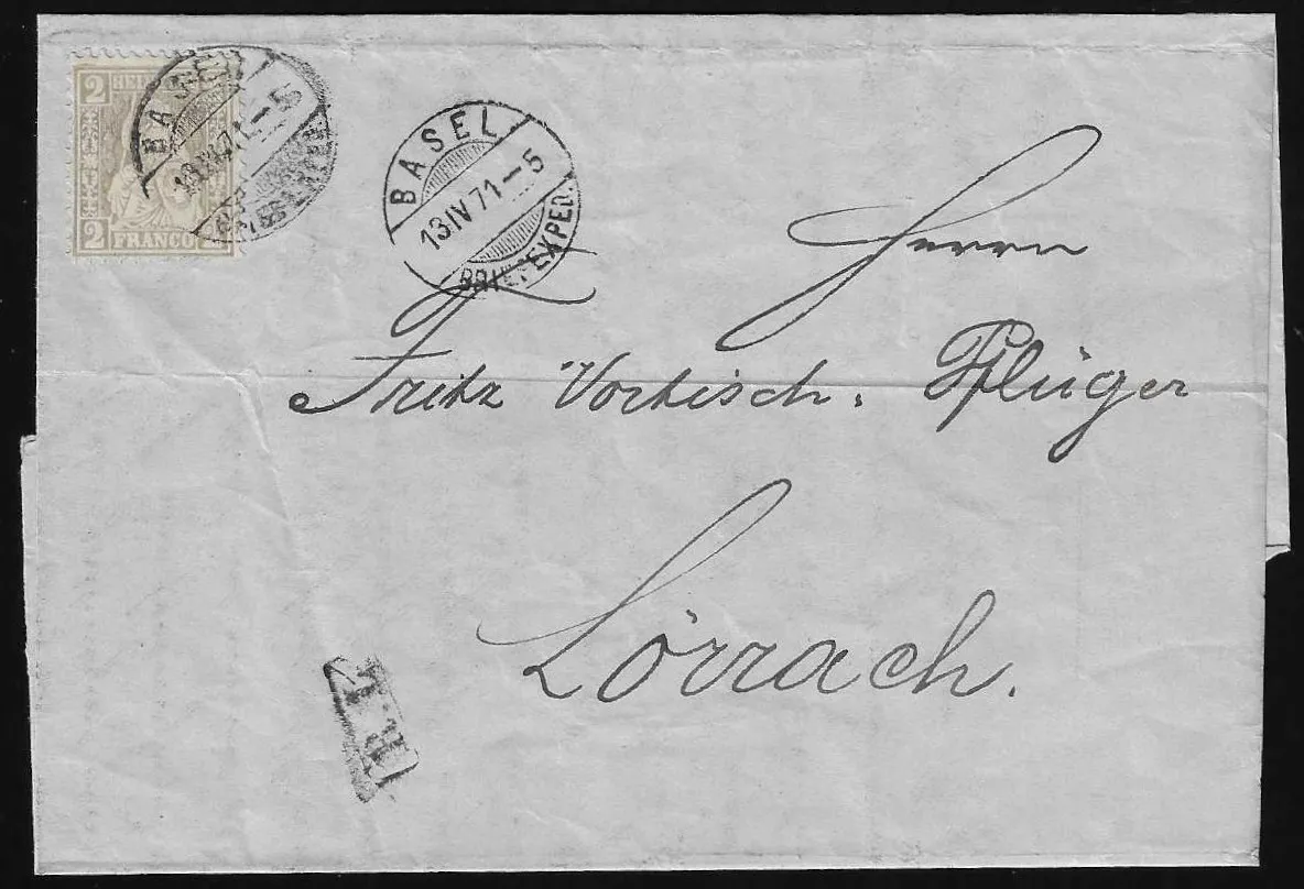 2 C. grau einzeln auf Grenzrayon-Drucksache (Ra1 "R.L.") von Basel nach Lörrach 1871