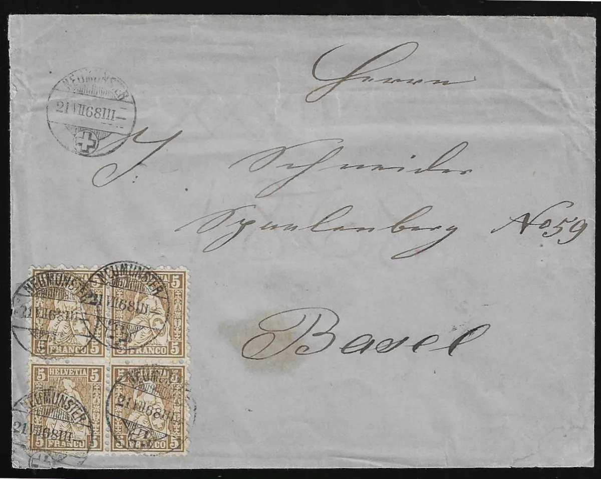 5 C. brun en superbe bloc de quatre sur enveloppe (celle-ci avec traces d'usage) de Neumünster 1868 à Bâle