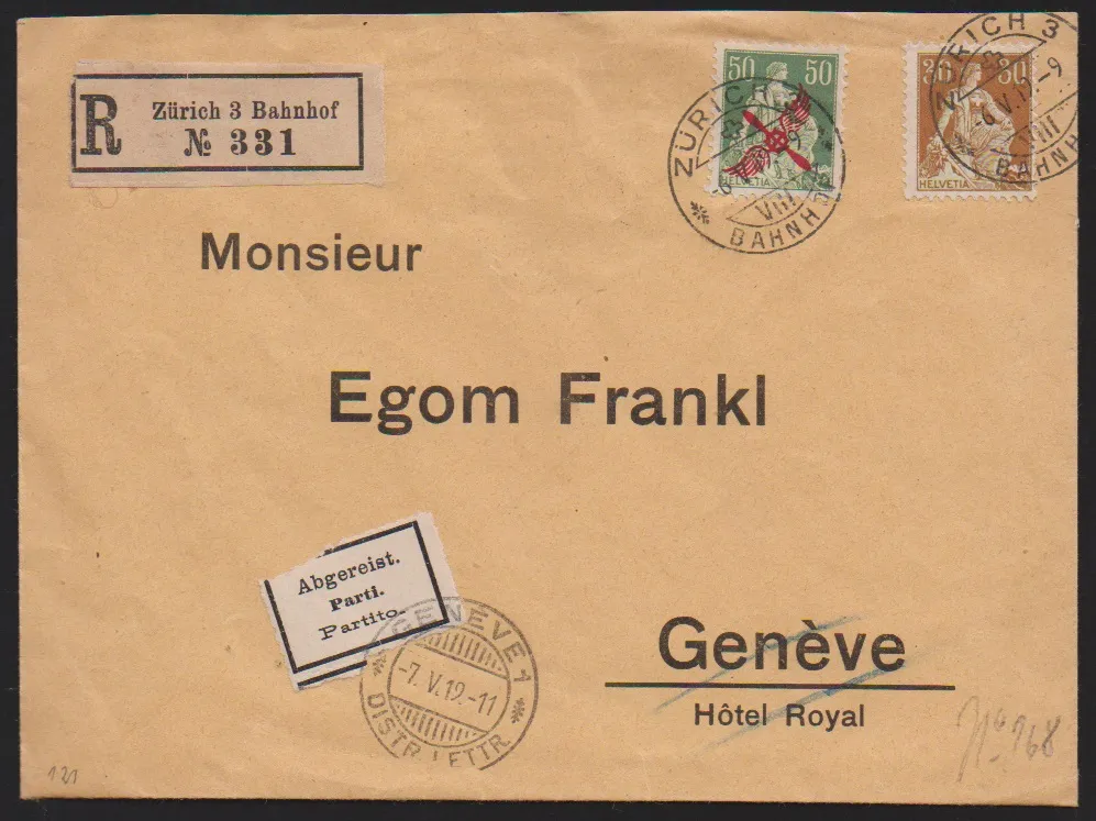 50 C. "Propeller" with 30 C. on return registered letter from Zurich, certificate and signed Hunziker. Mi. 200,- +