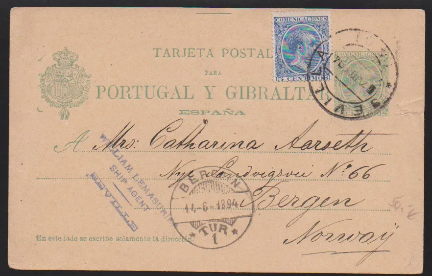 5 C. bleu sur carte entière 5 C. vert 1894 de Séville à Bergen/Norvège