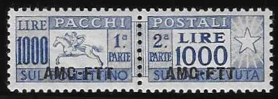 Zone A, Paketmarken 1954, 1000 L. mit Aufdruck im postfr. Paar, Attest Biondi. Mi. 250,-