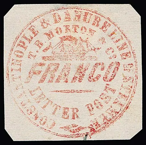 Marton & Co., 1869, timbres de poste maritime, cachet rond à la main sur papier coloré/blanc : 1/2 Pia. bleu/blanc (pour Burgha, Kustendje et Varna), 1/2 Pia. bleu/beige jaune (pour Sulima), 1 Pia. rouge sur bleu (pour Ibralia), bleu sur rouge et sur jaune (chacun pour Sulima) ainsi que rouge sur blanc (pour Burgha etc.), six timbres rares !
