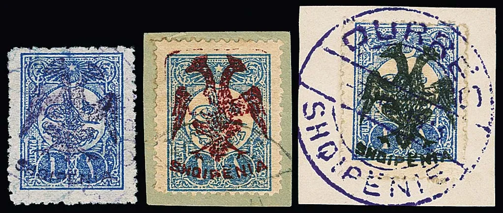 1 Pia. blue, two letter pieces and one loose stamp, with handstamp overprint in black, violet and red, signed Thier, Rommerskirchen, Diena. Mi. 840,-