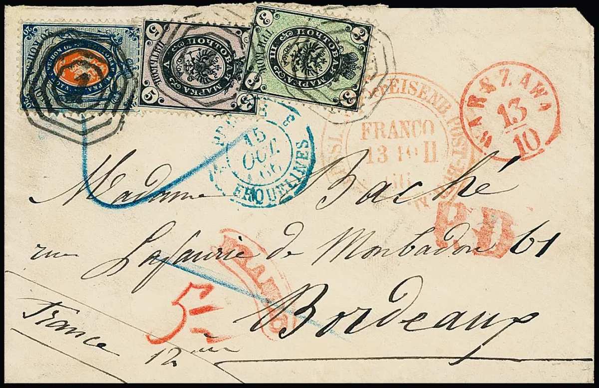 3 Kop. noir/vert, 5 Kop. noir/pourpre et 20 Kop. bleu/orange sur enveloppe de dame avec NS "1" et K1 rouge de Varsovie 1866 pour Bordeaux